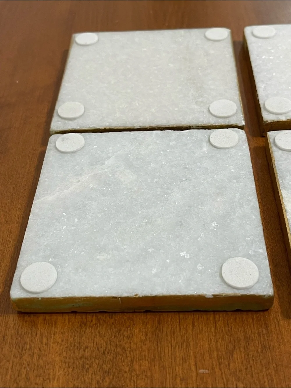 White Natural Stone Marble Sparkle Shimmery Square Coasters Gold Edges 4x4 4 Set